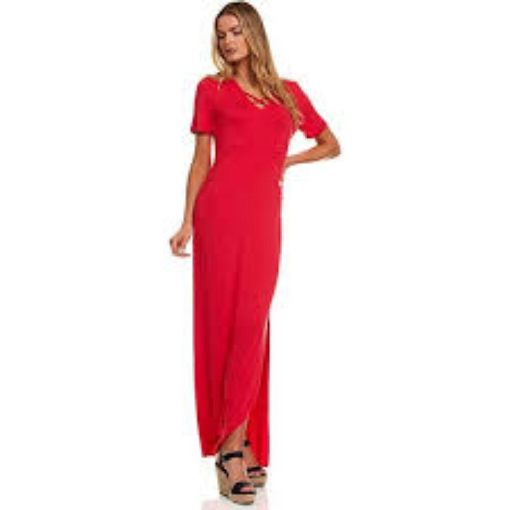 Inner Beauty Women's Short Sleeve V-Neck Casual Maxi Slit Dress Black Ne…